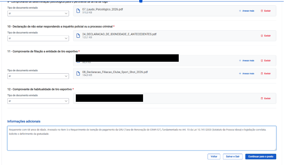 Aba de documentos do portal SINARM-CAC preenchida