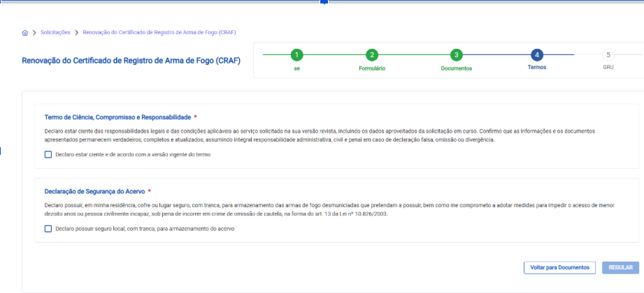 Aba de Termos — checkboxes obrigatórios