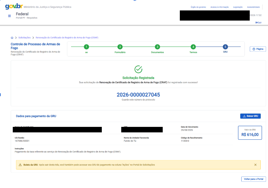 Tela de Solicitação Registrada com número de protocolo